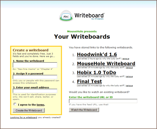 MouseHole shows the various Writeboards that you've created.